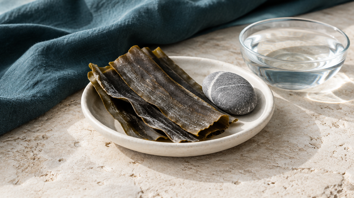 Alghe kombu essiccate in una ciotola chiara, pietra levigata e acqua su una superficie di calcare.