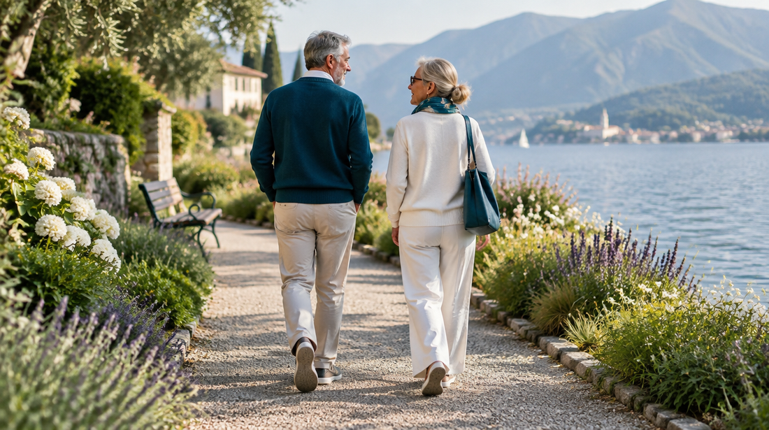 Due persone adulte camminano insieme su un sentiero pianeggiante accanto a un lago.