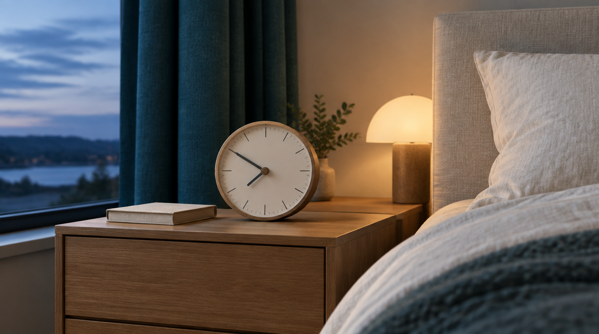 Orologio analogico su un comodino in legno, accanto a un letto chiaro e una tenda verde petrolio nella luce serale.