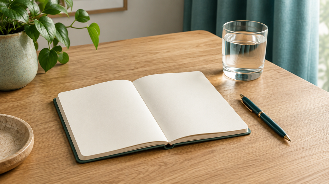 Quaderno aperto, penna verde petrolio e bicchiere d’acqua su un tavolo di legno chiaro.