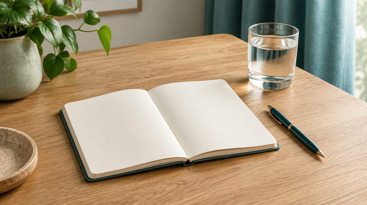 Quaderno aperto, penna verde petrolio e bicchiere d’acqua su un tavolo di legno chiaro.