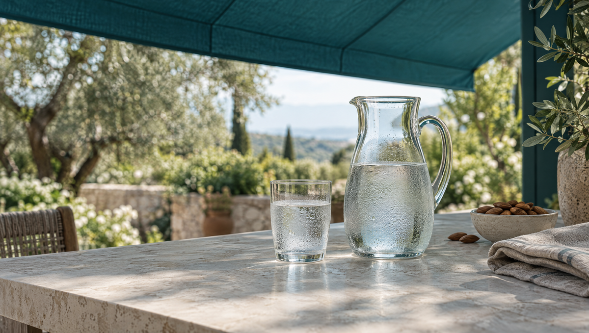 Caraffa e bicchiere d’acqua su un tavolo all’ombra, con tessuto chiaro e mandorle.