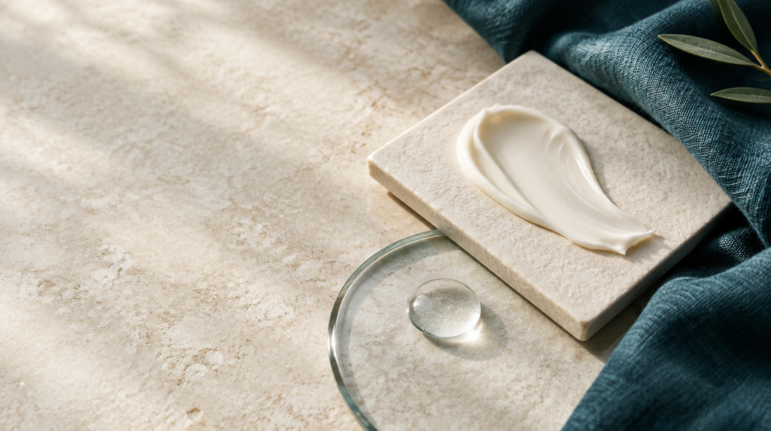 Texture di crema su ceramica chiara, una goccia d’acqua e tessuto verde petrolio.