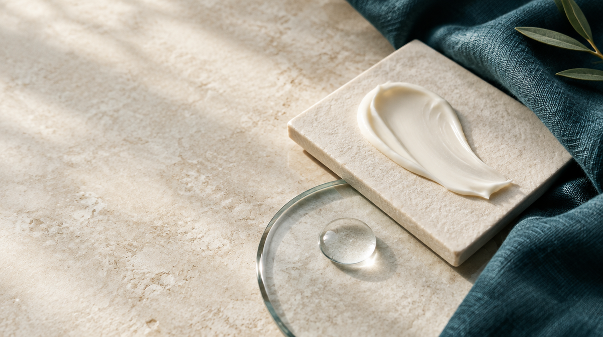 Texture di crema su ceramica chiara, una goccia d’acqua e tessuto verde petrolio.