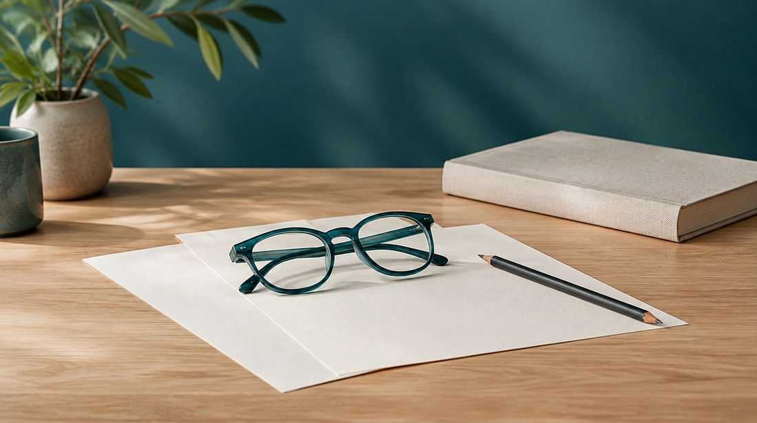 Occhiali verde petrolio, fogli chiari, una matita e un libro su una scrivania di legno.