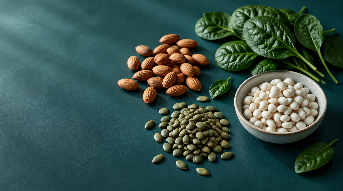 Mandorle, semi di zucca, spinaci e fagioli bianchi su uno sfondo verde petrolio.