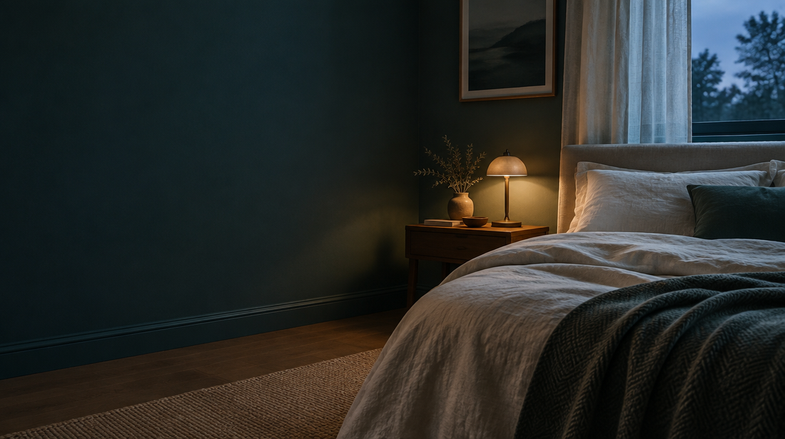 Una camera da letto con biancheria chiara, parete verde petrolio e luce soffusa al crepuscolo.