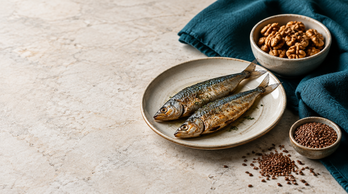Sardine, noci e semi di lino in una composizione su pietra chiara e tessuto verde petrolio.
