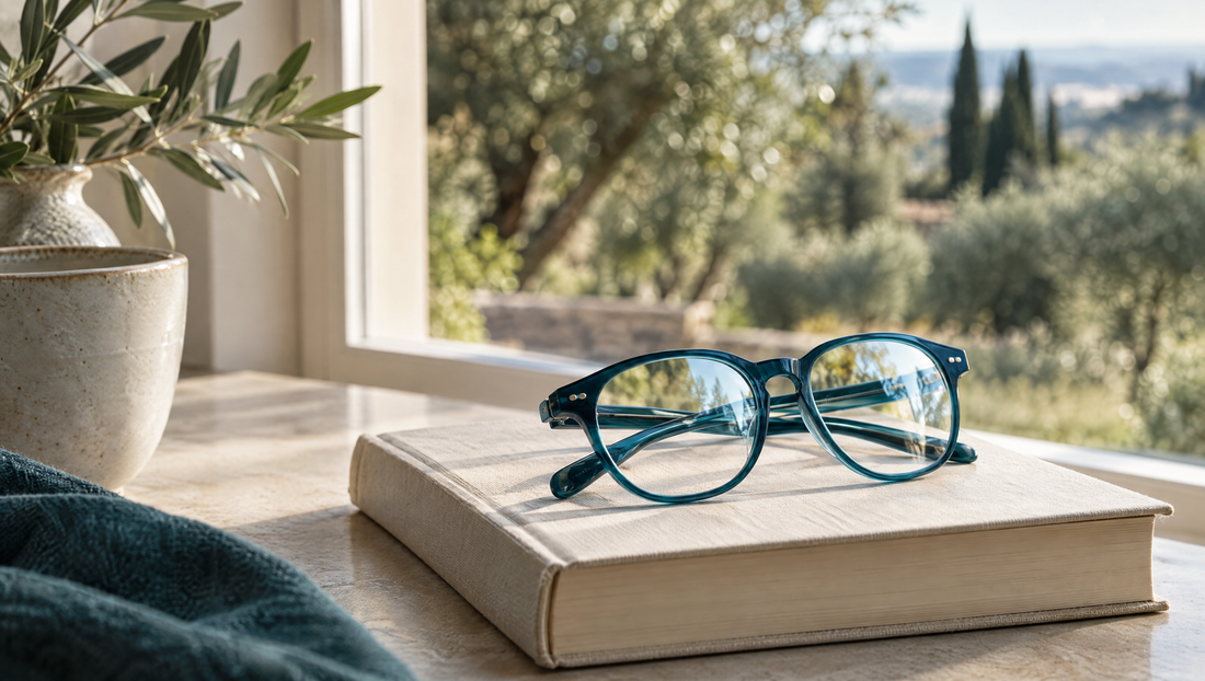 Occhiali da lettura verde petrolio su un libro chiaro vicino a una finestra.