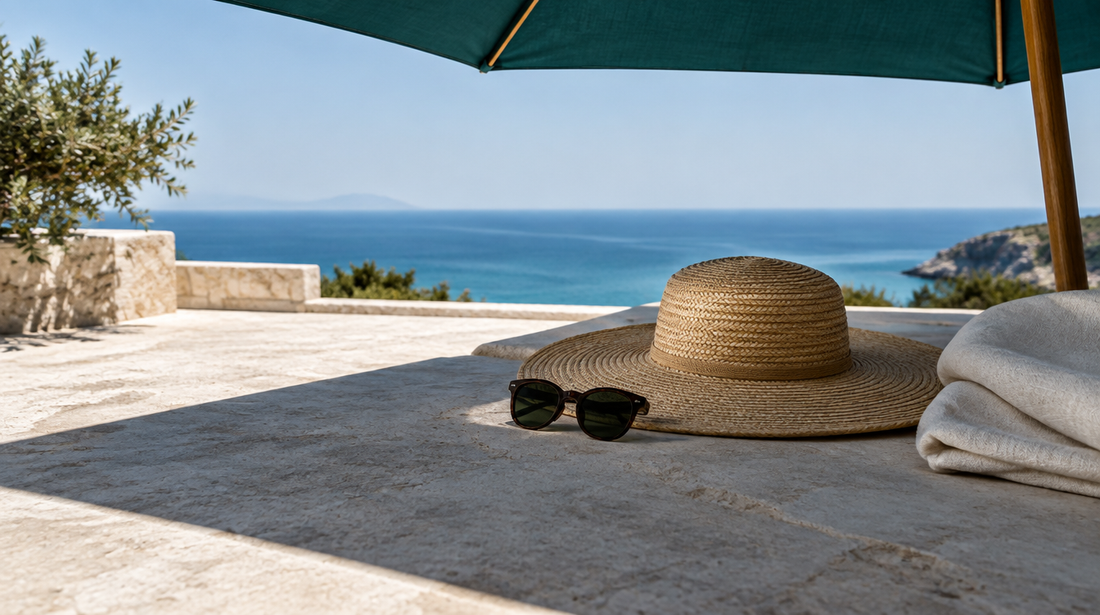 Cappello a tesa larga e occhiali da sole su pietra chiara, all’ombra di un ombrellone verde petrolio.