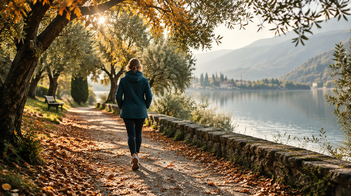 Una persona con giacca verde petrolio cammina lungo un sentiero sul lago, tra alberi e foglie autunnali.
