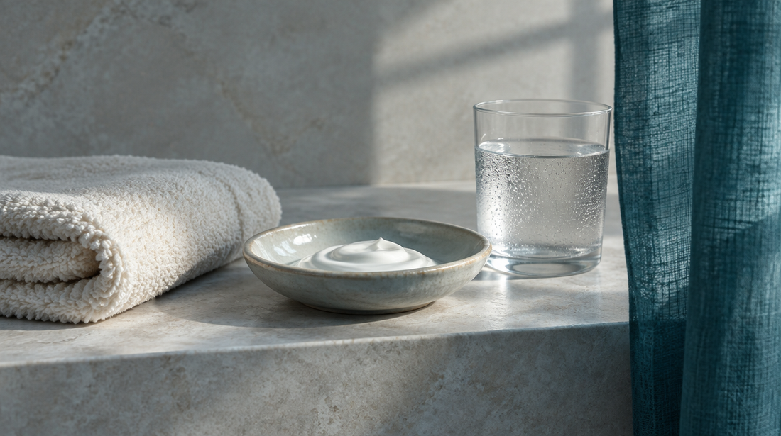 Asciugamano chiaro, crema su ceramica e un bicchiere d’acqua su una mensola in pietra, con tenda verde petrolio.