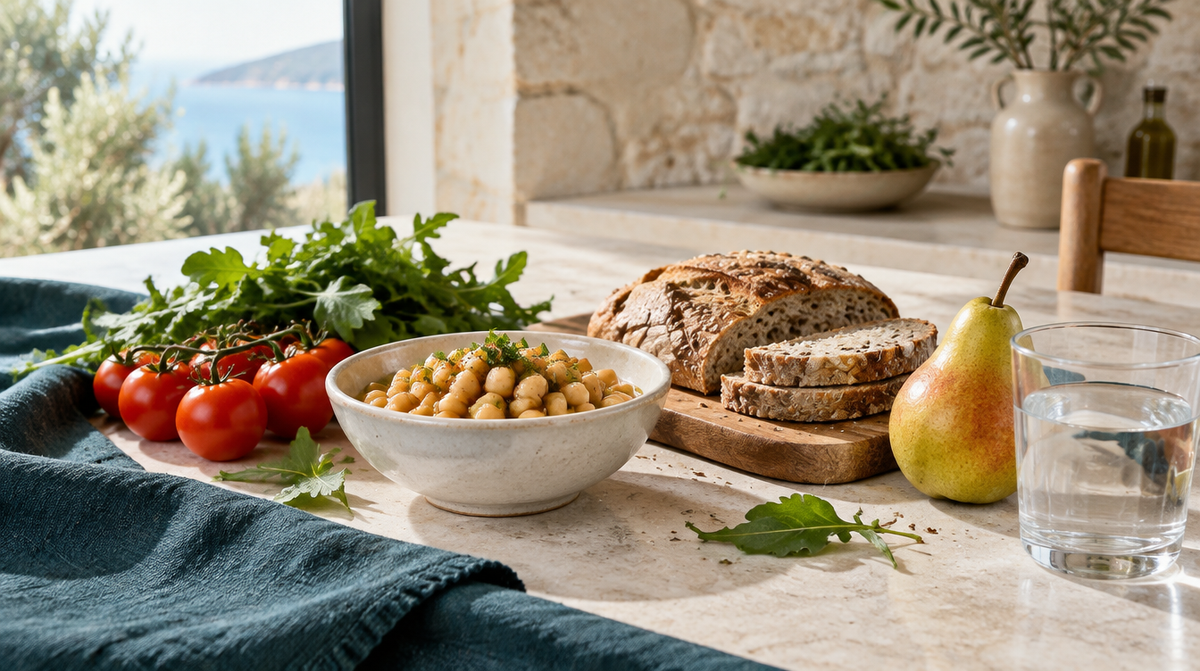 Ceci, pomodori, pane integrale, una pera e acqua su una tavola chiara con tessuto verde petrolio.