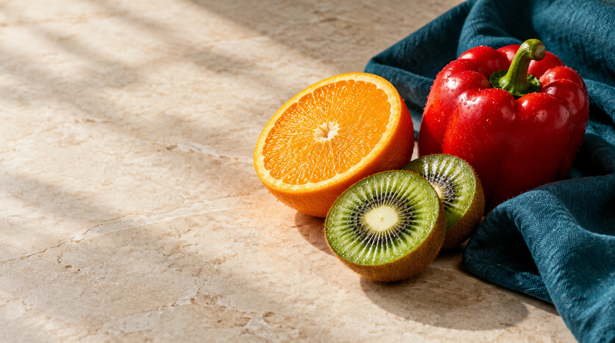 Arancia, kiwi e peperone rosso su pietra chiara con un tessuto verde petrolio.