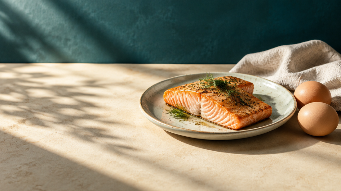 Salmone e uova su una superficie chiara illuminata dalla luce naturale.