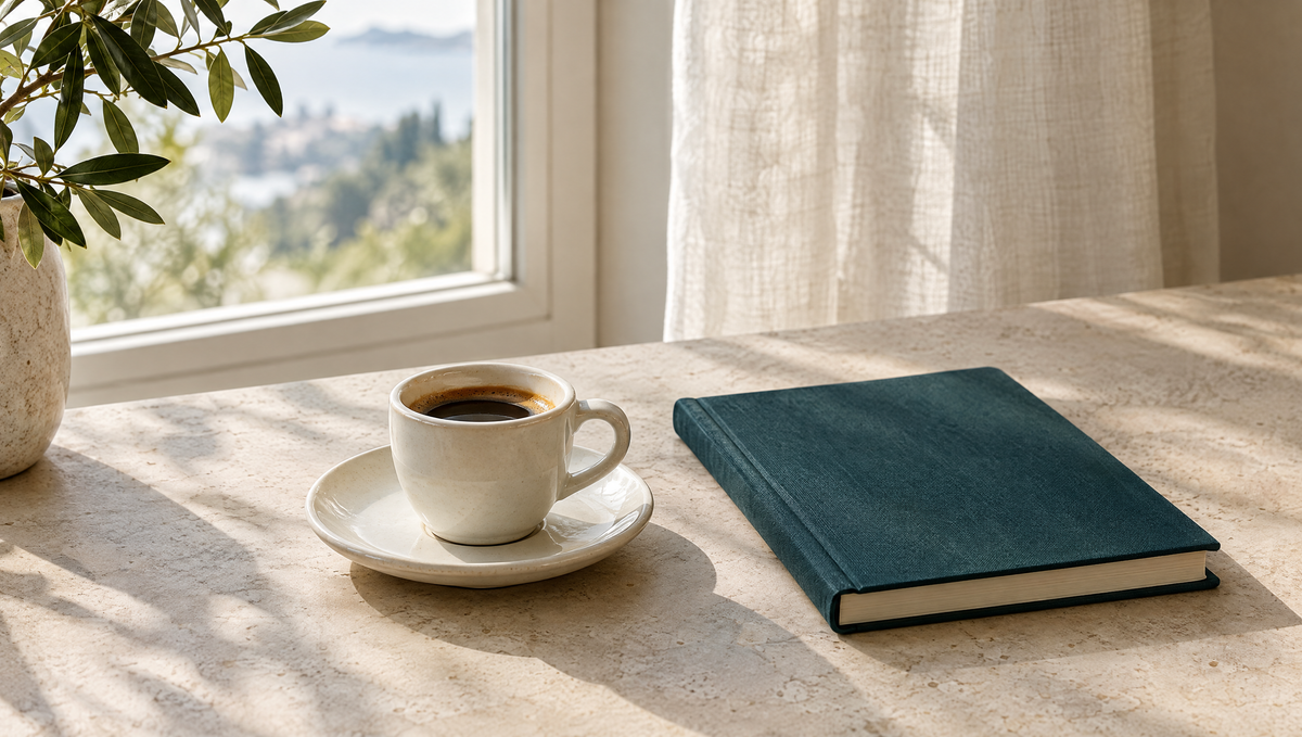 Tazzina di caffè e quaderno verde petrolio su un tavolo chiaro vicino alla finestra.