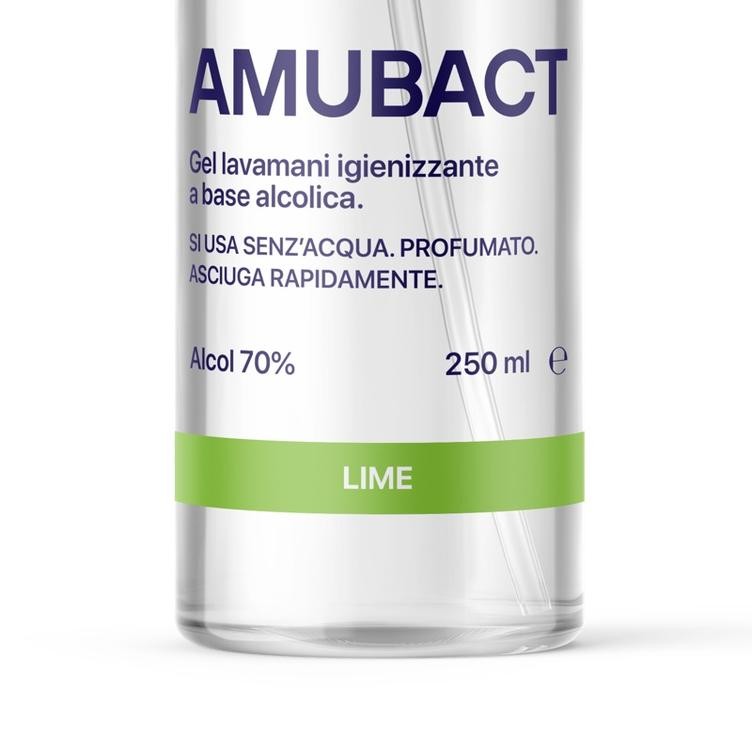 Amubact gel mani 250 ml: dettaglio dell’etichetta del dispenser.