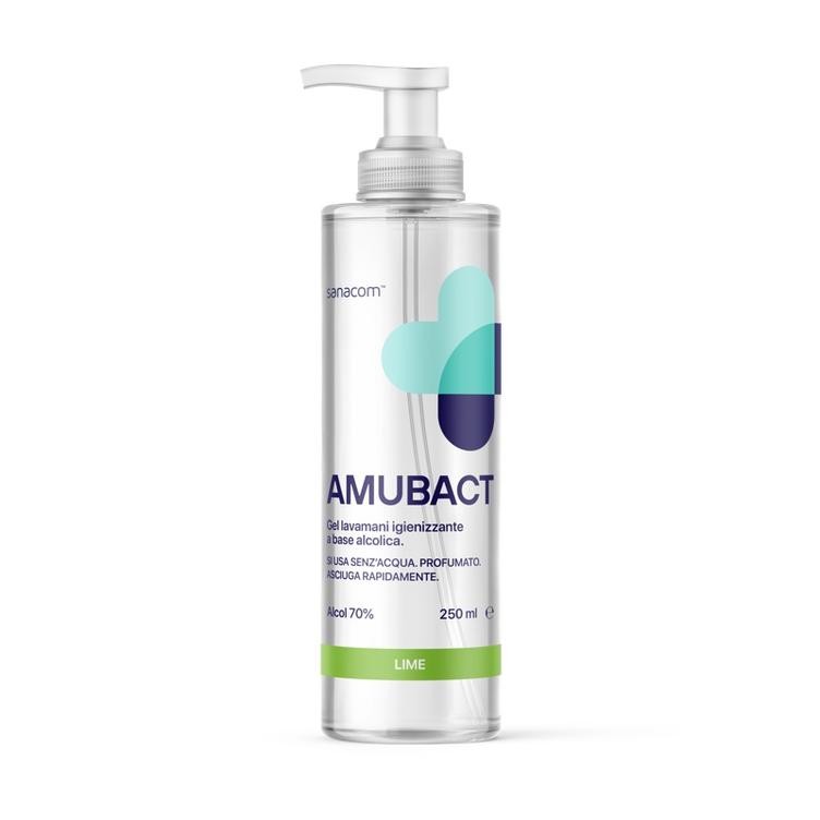 Amubact Handgel 250 ml: Seitenansicht der Flasche mit Pumpspender.